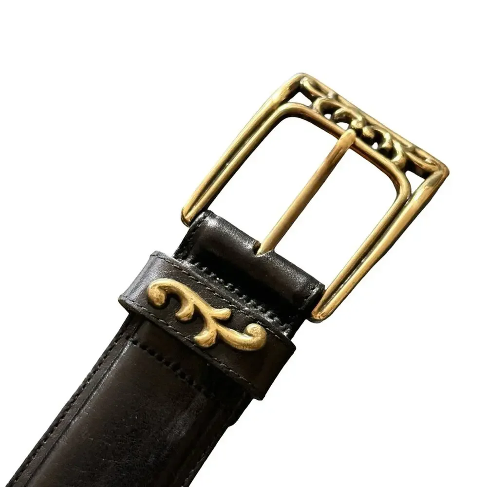 Brighton Black Leather Belt Antique Gold Open Scrollwork Panel Links Size MEDIUM
